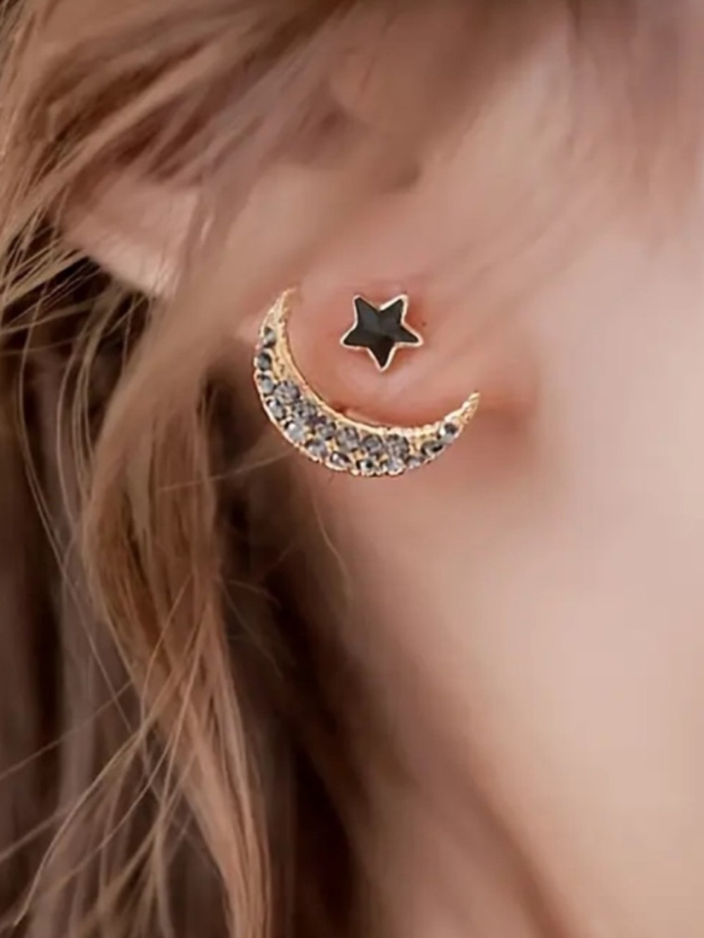 Gold Crescent Moon and Black Star Stud Earrings - Women Jewelry